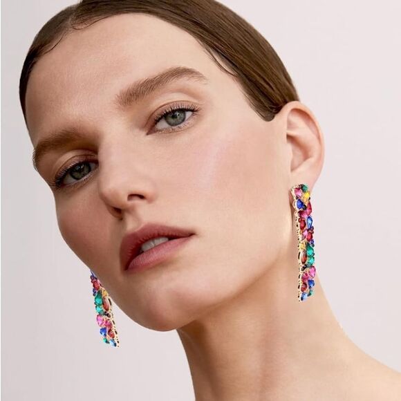 Yellow Gold with Multicolored Crystal Geometric Rectangle Post Back Earrings - Picture 5 of 6